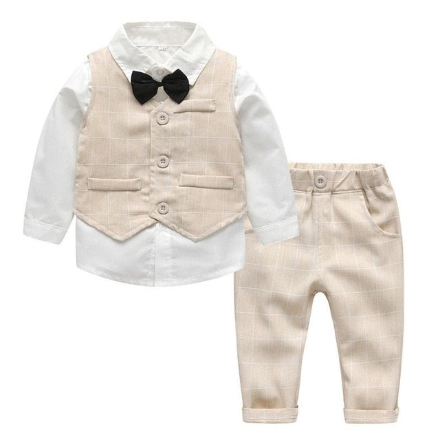 Top and Top Spring&Autumn Baby Boy Gentleman Suit White Shirt with Bow Tie+Striped Vest+Trousers 3Pcs Formal Kids Clothes Set