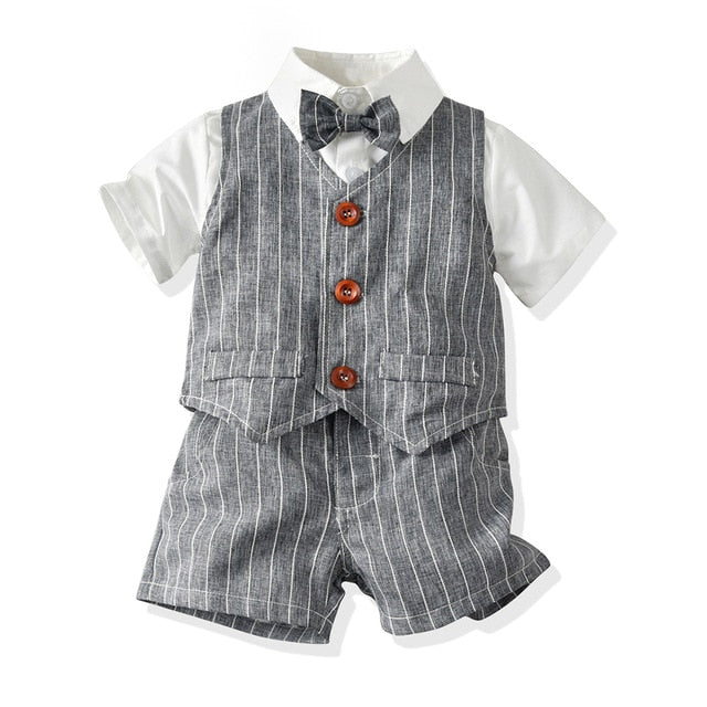 Top and Top Spring&Autumn Baby Boy Gentleman Suit White Shirt with Bow Tie+Striped Vest+Trousers 3Pcs Formal Kids Clothes Set