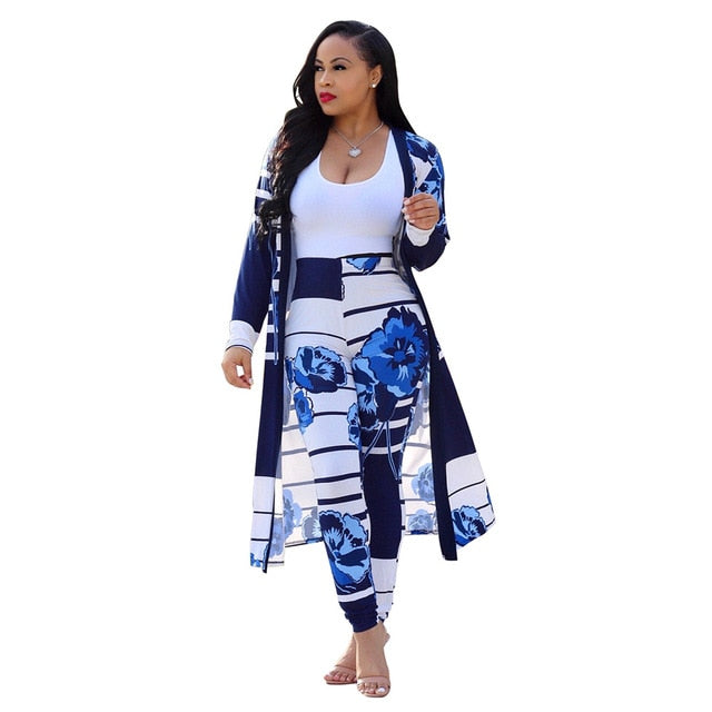 Women print long sleeve cardigan pants summer two piece set long cardigan pants 2 piece set summer women's suits loose sexy