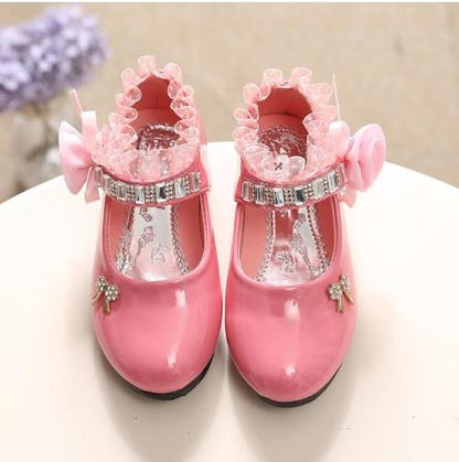 Children's Shoes For Girl Spring New Princess Lace Leather Shoes Fashion Cute Bow Rhinestone Wedding Shoes Student Party Dance