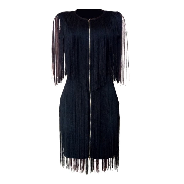 Tassel Fringe Dress Women Elegant Club Party Dress Plus Size Sleeveless Front Zipper Slim Sheath Evening Sexy Bodycon Mini Dress