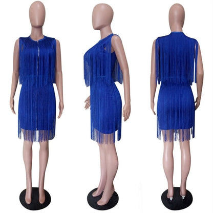 Tassel Fringe Dress Women Elegant Club Party Dress Plus Size Sleeveless Front Zipper Slim Sheath Evening Sexy Bodycon Mini Dress