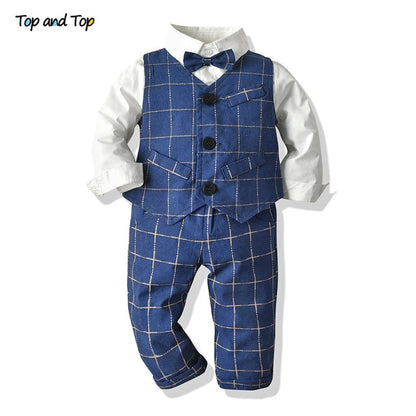 Top and Top Spring&Autumn Baby Boy Gentleman Suit White Shirt with Bow Tie+Striped Vest+Trousers 3Pcs Formal Kids Clothes Set