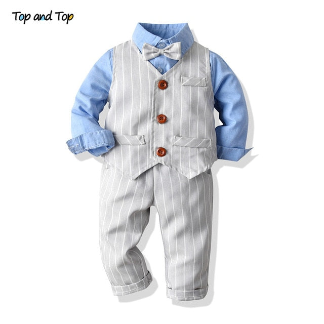 Top and Top Spring&Autumn Baby Boy Gentleman Suit White Shirt with Bow Tie+Striped Vest+Trousers 3Pcs Formal Kids Clothes Set