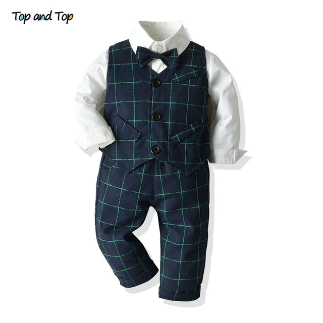 Top and Top Spring&Autumn Baby Boy Gentleman Suit White Shirt with Bow Tie+Striped Vest+Trousers 3Pcs Formal Kids Clothes Set