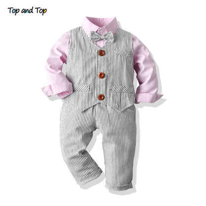 Top and Top Spring&Autumn Baby Boy Gentleman Suit White Shirt with Bow Tie+Striped Vest+Trousers 3Pcs Formal Kids Clothes Set