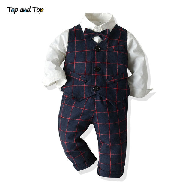 Top and Top Spring&Autumn Baby Boy Gentleman Suit White Shirt with Bow Tie+Striped Vest+Trousers 3Pcs Formal Kids Clothes Set