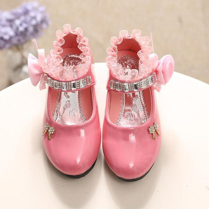 Children's Shoes For Girl Spring New Princess Lace Leather Shoes Fashion Cute Bow Rhinestone Wedding Shoes Student Party Dance