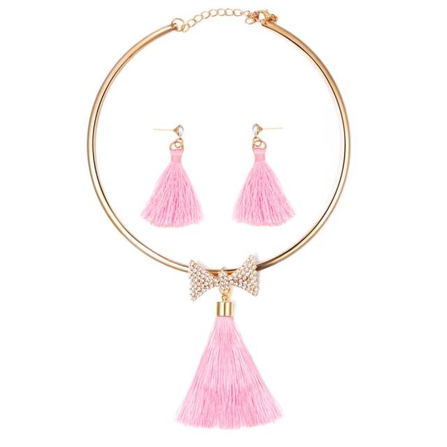 Fashion Women Tassel Jewelry Boho Pearl Chocker Necklace Crystal Drop Earrings Wedding  Jewelry Set Tassel Necklace Earrings