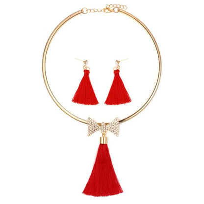 Fashion Women Tassel Jewelry Boho Pearl Chocker Necklace Crystal Drop Earrings Wedding  Jewelry Set Tassel Necklace Earrings