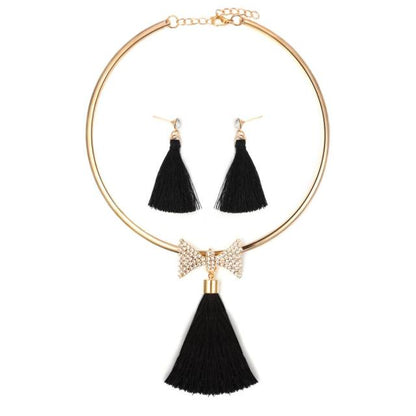 Fashion Women Tassel Jewelry Boho Pearl Chocker Necklace Crystal Drop Earrings Wedding  Jewelry Set Tassel Necklace Earrings