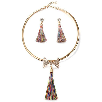 Fashion Women Tassel Jewelry Boho Pearl Chocker Necklace Crystal Drop Earrings Wedding  Jewelry Set Tassel Necklace Earrings