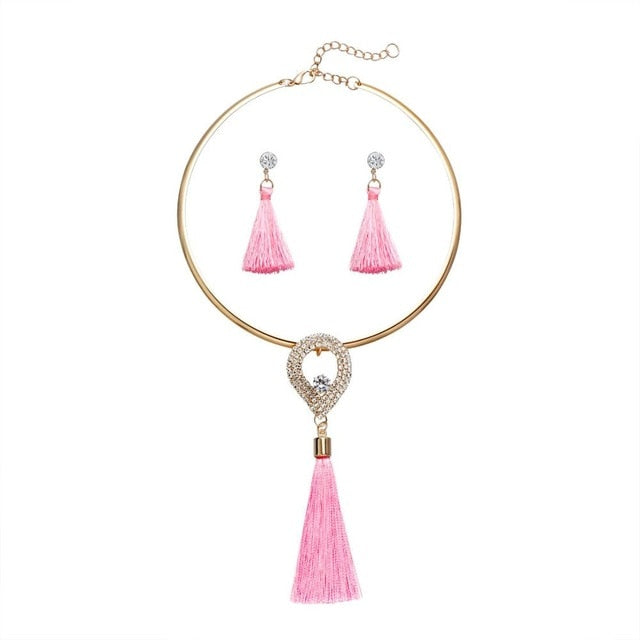 Fashion Women Tassel Jewelry Boho Pearl Chocker Necklace Crystal Drop Earrings Wedding  Jewelry Set Tassel Necklace Earrings