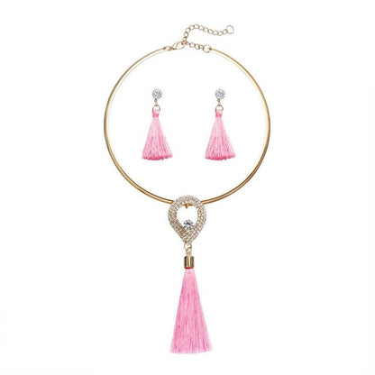 Fashion Women Tassel Jewelry Boho Pearl Chocker Necklace Crystal Drop Earrings Wedding  Jewelry Set Tassel Necklace Earrings