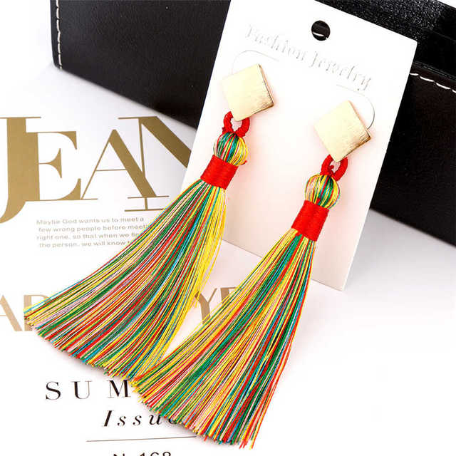 L&H Handmade Long Statement Tassel Earrings Bohemia Vintage Brown Red Black Silk Fringe Drop Earrings For Women Fashion Jewelry