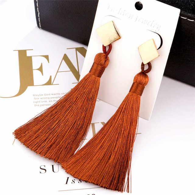 L&H Handmade Long Statement Tassel Earrings Bohemia Vintage Brown Red Black Silk Fringe Drop Earrings For Women Fashion Jewelry