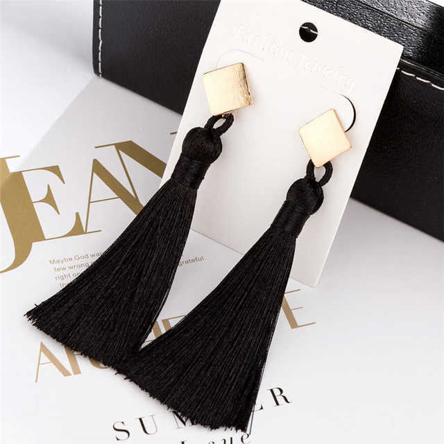 L&H Handmade Long Statement Tassel Earrings Bohemia Vintage Brown Red Black Silk Fringe Drop Earrings For Women Fashion Jewelry