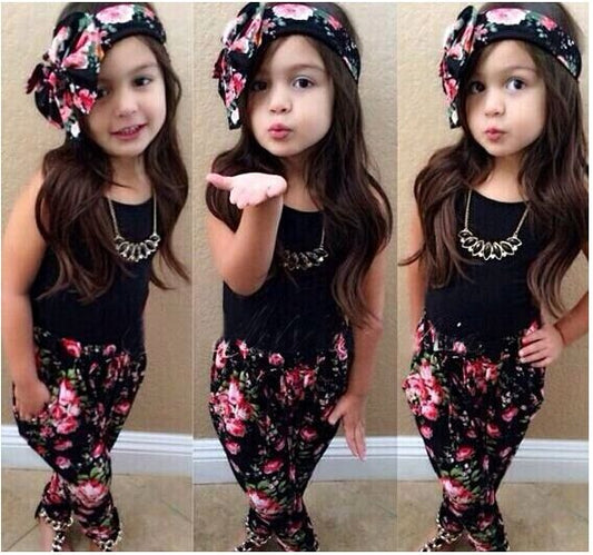 Hot Summer Kids Girls Clothes Sleeveless Black Vest Floral Pants Scarf Children Fashion Style 3pcs Children Girl Clothing Sets