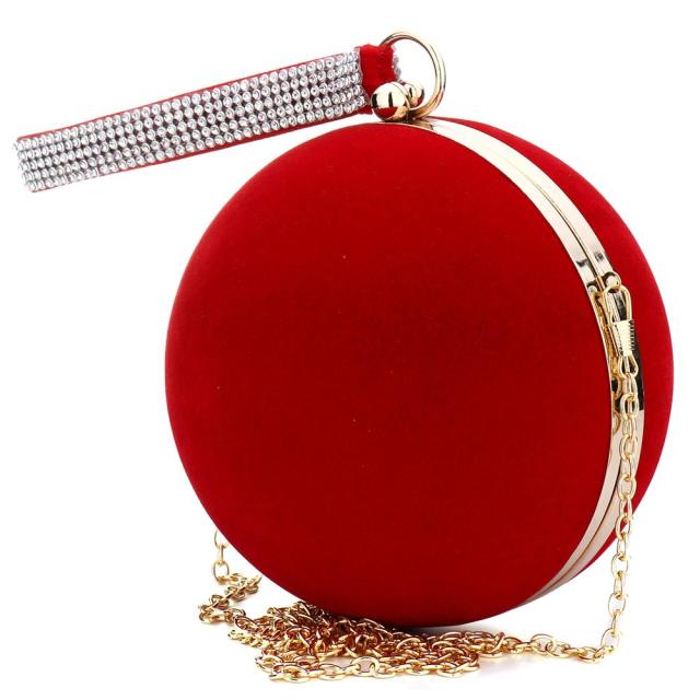 YYW Unique Velvet Iron-On Lady Handbag Red Shoulder Clutch Bag Spherical Evening Bags Small Purse Chain Shoulder Bolsos Mujer