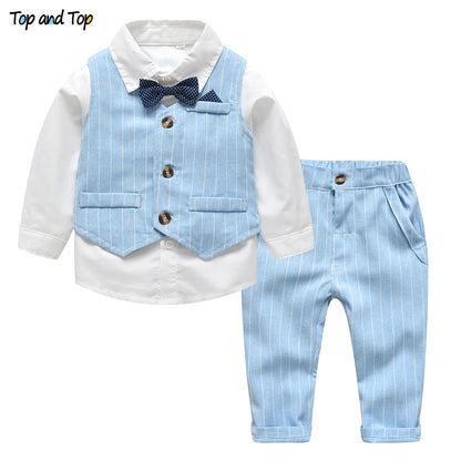 Top and Top Spring&Autumn Baby Boy Gentleman Suit White Shirt with Bow Tie+Striped Vest+Trousers 3Pcs Formal Kids Clothes Set