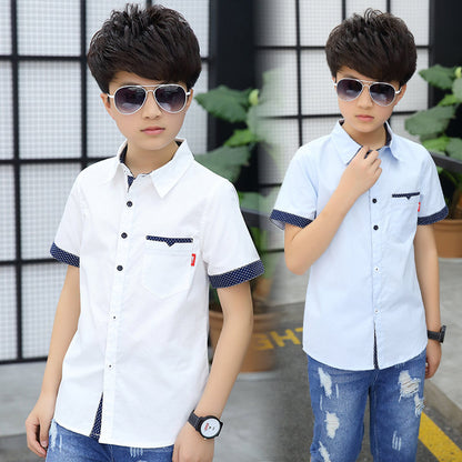 School Boys Shirts Short Sleeve Blouses For Boys Children Clothing Cotton Turn-Down Collar Kids Tops 5 7 9 11 13 15 Years Old