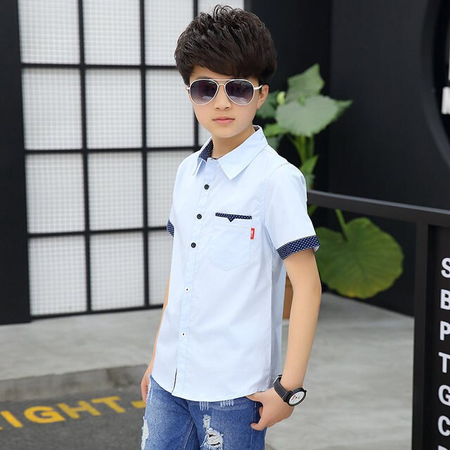 School Boys Shirts Short Sleeve Blouses For Boys Children Clothing Cotton Turn-Down Collar Kids Tops 5 7 9 11 13 15 Years Old