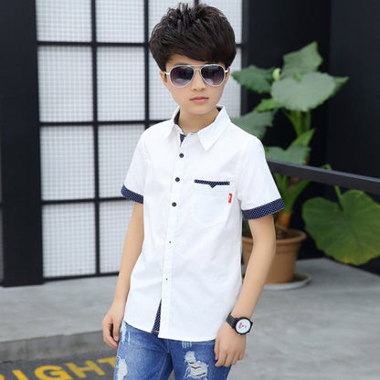 School Boys Shirts Short Sleeve Blouses For Boys Children Clothing Cotton Turn-Down Collar Kids Tops 5 7 9 11 13 15 Years Old