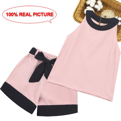 Kids Summer Clothes Girls Patchwork Girls Clothes Set Vest + Short 2PCS Outfits For Girls Casual Style Big Bow Kids Clothing