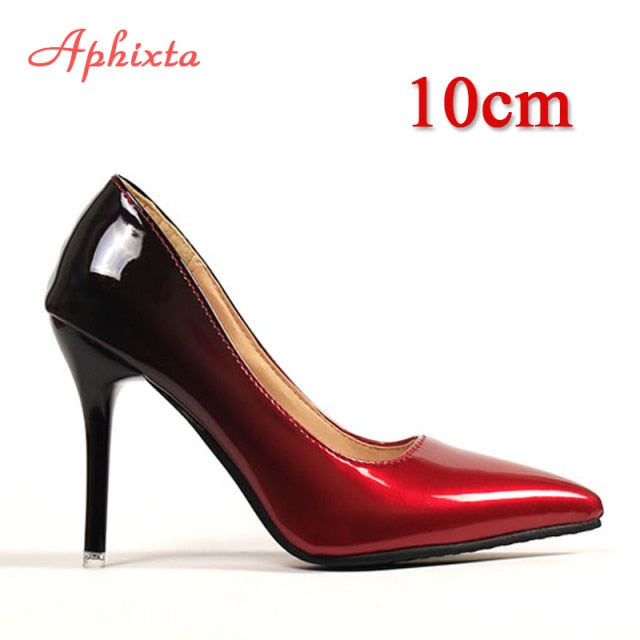 Aphixta Pointed Toe Women Thin Heel Shoes 10cm Heels Pointed Toe Patent Leather Wedding Party Shoes Woman Big Size 48