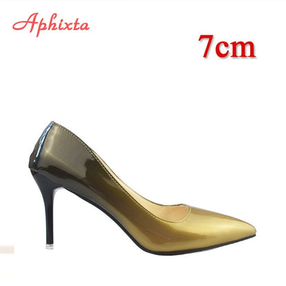 Aphixta Pointed Toe Women Thin Heel Shoes 10cm Heels Pointed Toe Patent Leather Wedding Party Shoes Woman Big Size 48