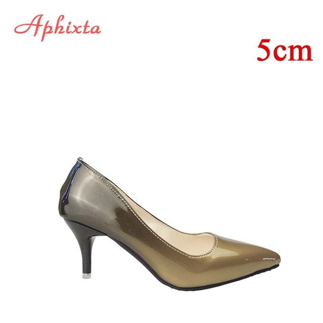 Aphixta Pointed Toe Women Thin Heel Shoes 10cm Heels Pointed Toe Patent Leather Wedding Party Shoes Woman Big Size 48