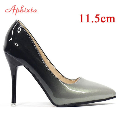 Aphixta Pointed Toe Women Thin Heel Shoes 10cm Heels Pointed Toe Patent Leather Wedding Party Shoes Woman Big Size 48