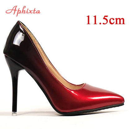 Aphixta Pointed Toe Women Thin Heel Shoes 10cm Heels Pointed Toe Patent Leather Wedding Party Shoes Woman Big Size 48