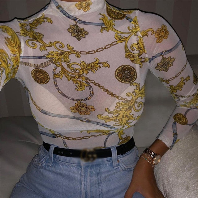 Women Mesh Sheer See Through Print Shirt Blouses Outwear Turtleneck Long Sleeve Tops Transparent Slim Shirt Bodycon Club Blouse