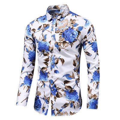 2019 Autumn Men Slim Floral Print Long Sleeve Shirts Fashion Brand Party Holiday Casual Dress Flower Shirt Homme Plus Size 7XL