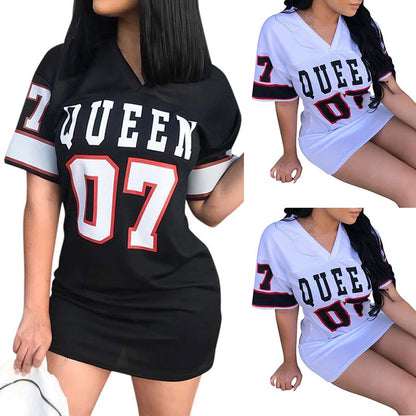 T Shirt Dress Women Short Dress Hip Hop Queen Printed Long T Shirt Loose V Neck Sexy Mini Dress Robe Camiseta Vestidos платье