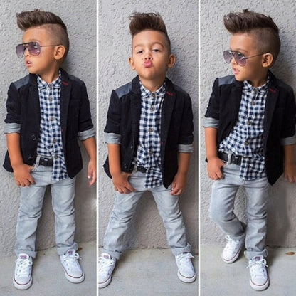 2020 Fall Kids Boy Clothes Set 3 Pieces Suits Coat+plaid T-shirt+Jeans Children little casual boys clothing sets 2-8 Years