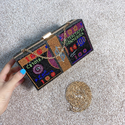 Stack of Cash Crystals Women Money Evening Clutch Bags diamond painting chain Wedding Dinner Purses and Handbags luxury designer