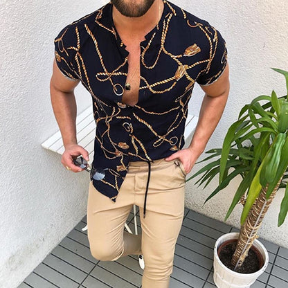 Nation Style Summer Man Shirt 2020 Mens Ethnic Printed Stand Collar Stripe Short Sleeve Loose Hawaiian Henley Casual Shirt 298