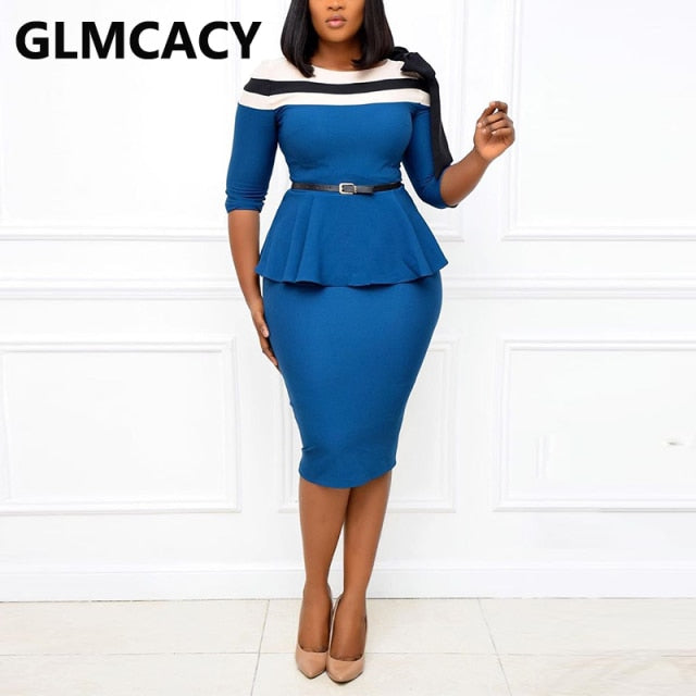 Women Half Sleeve Elegant Peplum Dress Classy Office Ladies Bodycon Midi Dress