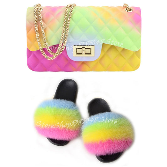 Women Colorful Fox Fur Slippers Fashion Fur Slides Mixed Color Jelly Bag Vogue Shoulder Bags Jelly Purse Ladies Handbag Bags Set