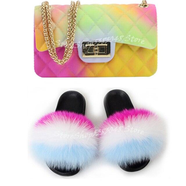 Women Colorful Fox Fur Slippers Fashion Fur Slides Mixed Color Jelly Bag Vogue Shoulder Bags Jelly Purse Ladies Handbag Bags Set