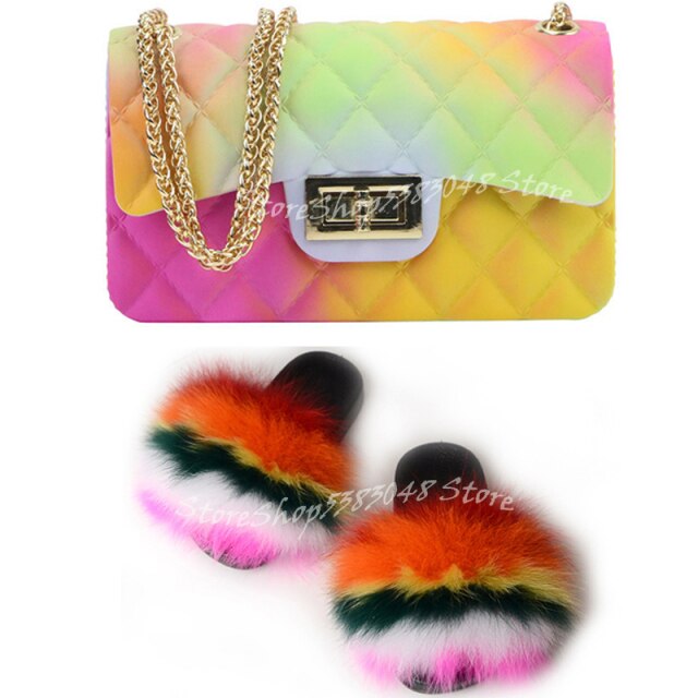 Women Colorful Fox Fur Slippers Fashion Fur Slides Mixed Color Jelly Bag Vogue Shoulder Bags Jelly Purse Ladies Handbag Bags Set