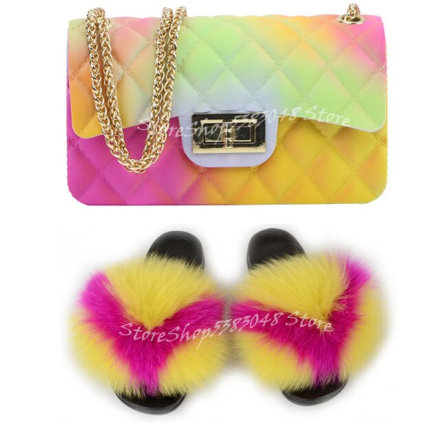 Women Colorful Fox Fur Slippers Fashion Fur Slides Mixed Color Jelly Bag Vogue Shoulder Bags Jelly Purse Ladies Handbag Bags Set