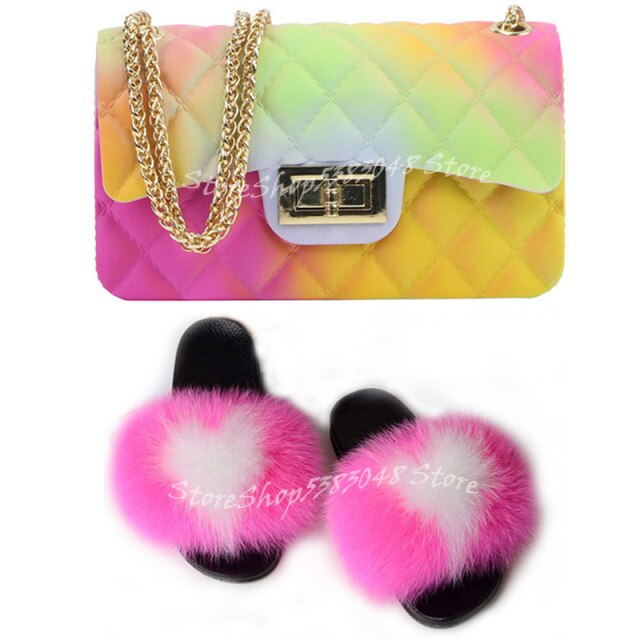 Women Colorful Fox Fur Slippers Fashion Fur Slides Mixed Color Jelly Bag Vogue Shoulder Bags Jelly Purse Ladies Handbag Bags Set