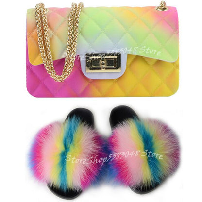 Women Colorful Fox Fur Slippers Fashion Fur Slides Mixed Color Jelly Bag Vogue Shoulder Bags Jelly Purse Ladies Handbag Bags Set