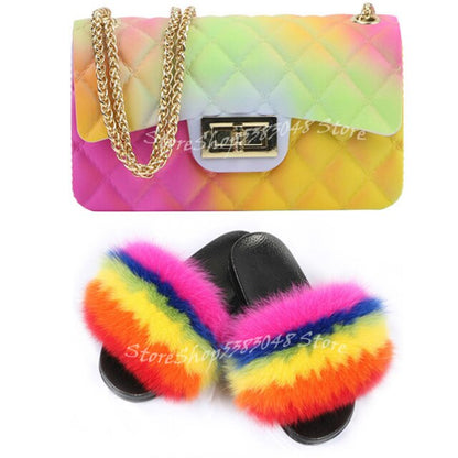 Women Colorful Fox Fur Slippers Fashion Fur Slides Mixed Color Jelly Bag Vogue Shoulder Bags Jelly Purse Ladies Handbag Bags Set