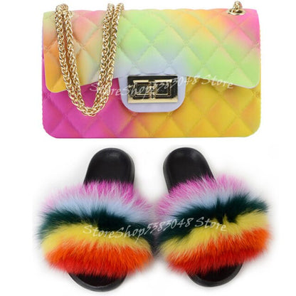 Women Colorful Fox Fur Slippers Fashion Fur Slides Mixed Color Jelly Bag Vogue Shoulder Bags Jelly Purse Ladies Handbag Bags Set