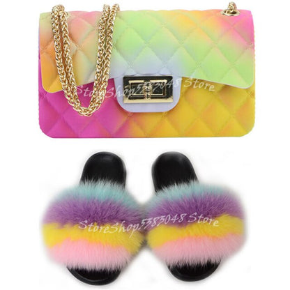 Women Colorful Fox Fur Slippers Fashion Fur Slides Mixed Color Jelly Bag Vogue Shoulder Bags Jelly Purse Ladies Handbag Bags Set