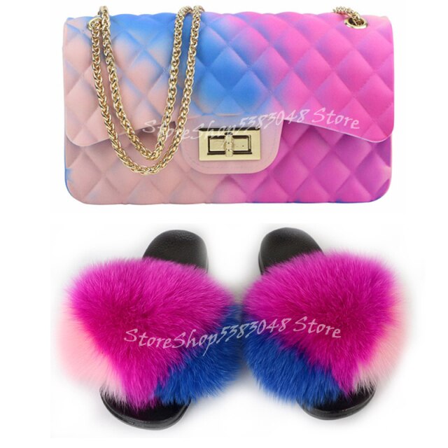 Women Colorful Fox Fur Slippers Fashion Fur Slides Mixed Color Jelly Bag Vogue Shoulder Bags Jelly Purse Ladies Handbag Bags Set